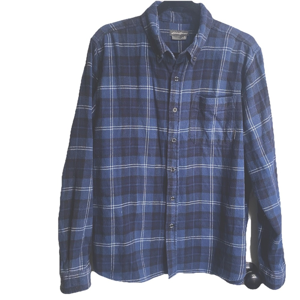 Eddie Bauer Bristol Flannel Shirt Mens Small Blue Black Plaid Button Down